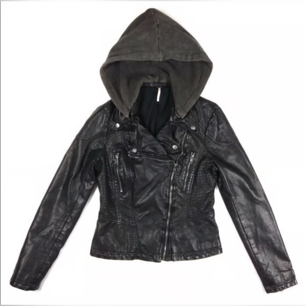 Free People Charcoal Hooded Vegan Leather Jacket - Picture 3 of 3